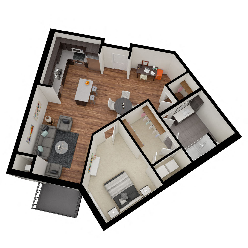 Floor plan for 1 bed, 1 bath, 853 sqft